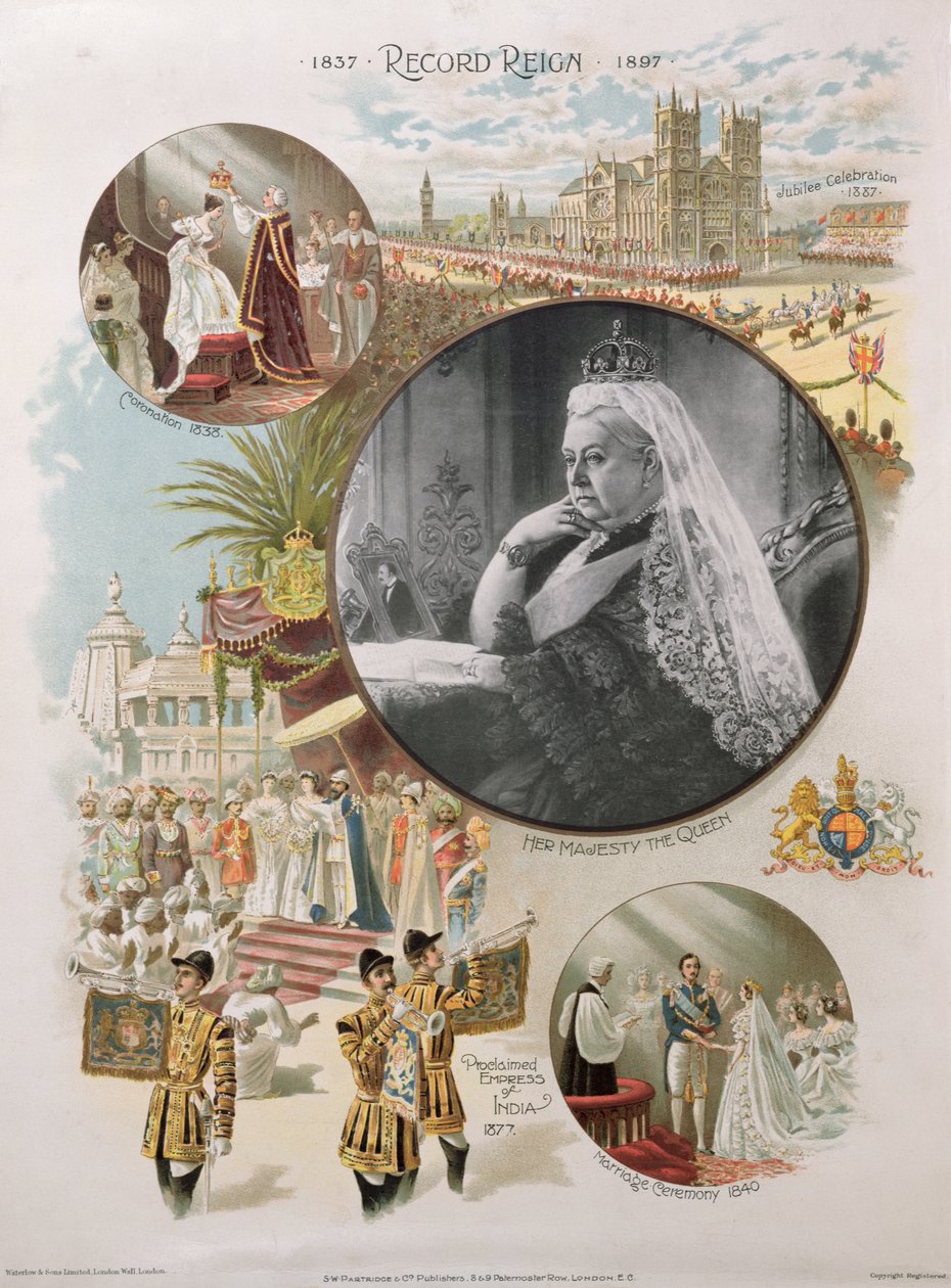 Královna Viktorie (1819-1901) zobrazená v době jejího diamantového jubilea v roce 1897 spolu s některými hlavními událostmi v jejím životě, 1897 od English School