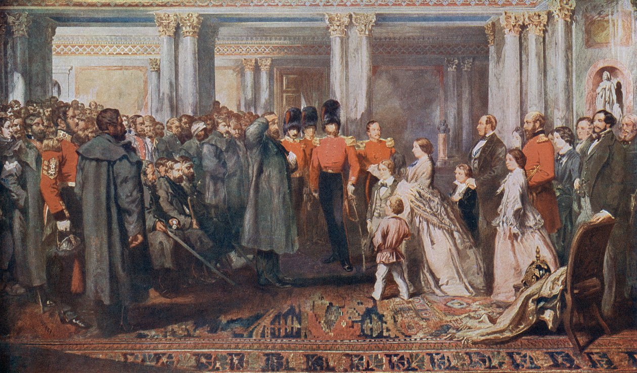 Queen Victoria přijímá krymské válečné veterány v publiku od English School