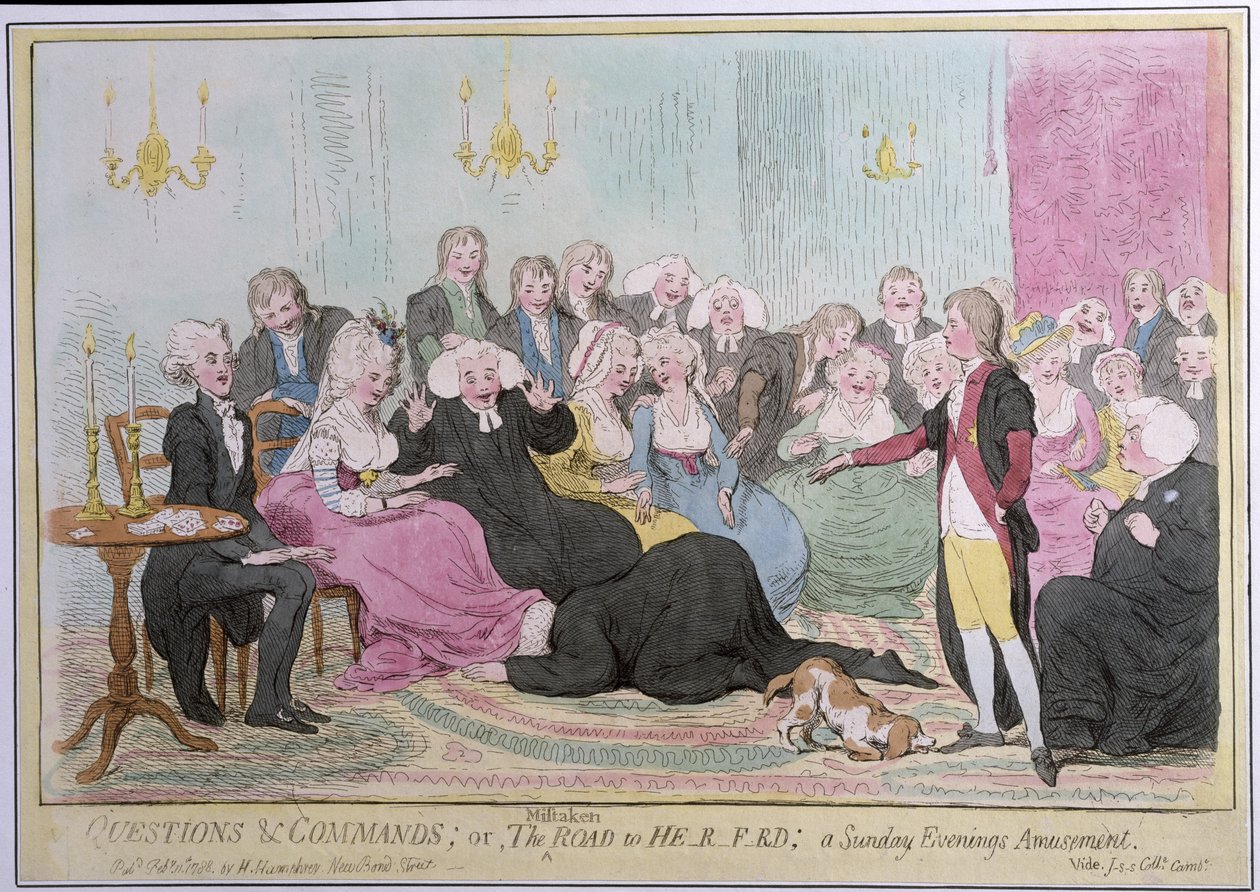 Otázky a příkazy aneb The Mistaken Road to H-r-f-rd: a Sunday Evenings Amusement, vydané Hannah Humphrey v roce 1788 (ručně kolorovaný lept) od English School