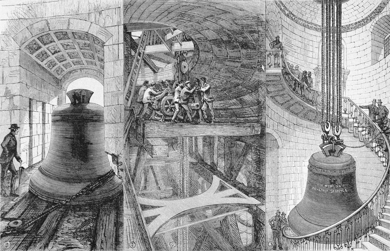 Vztyčení Velkého zvonu ve věži katedrály St. Pauls, z The Illustrated London News, 3. června 1882 od English School