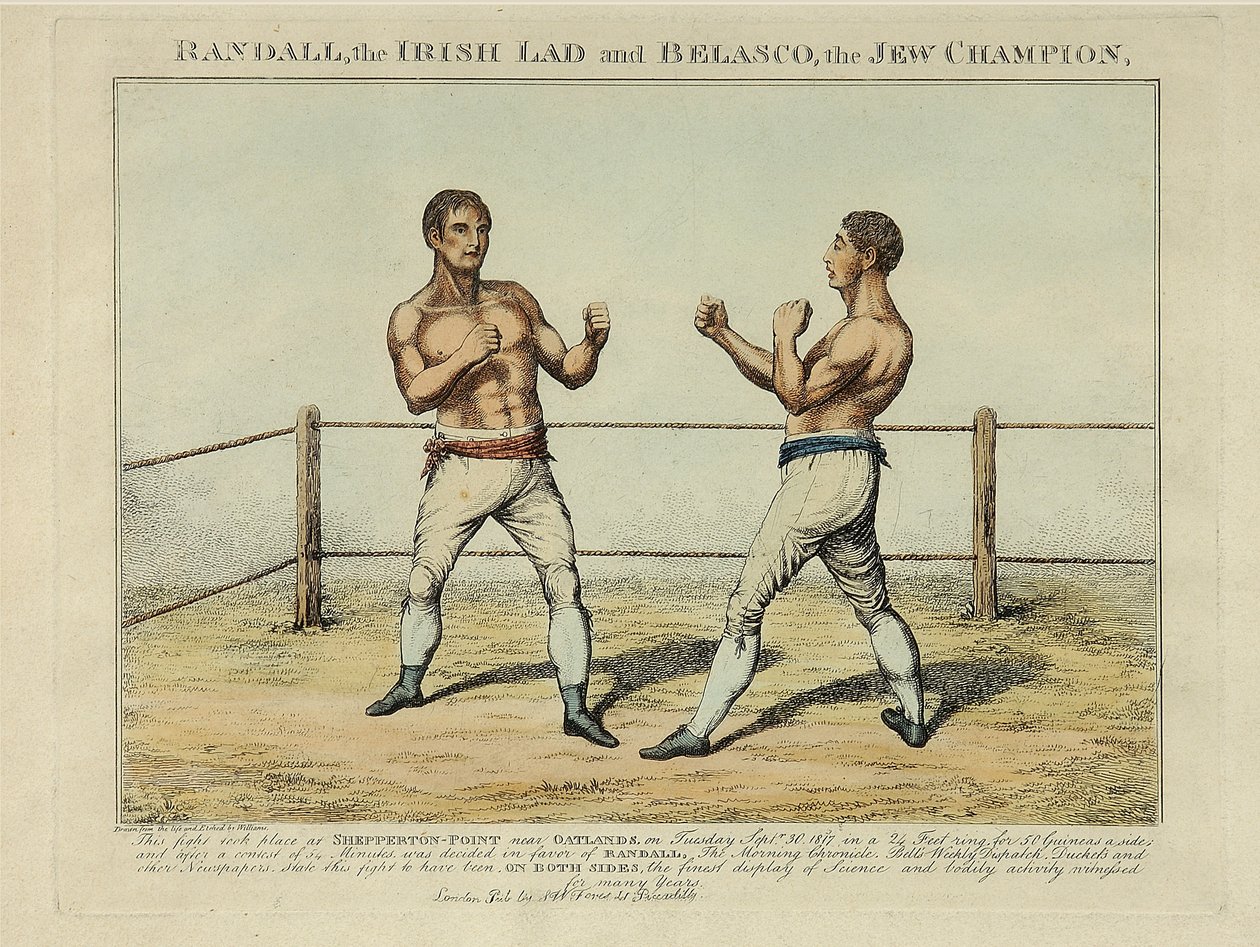 Randall, Irish Lad a Belasco, židovský šampion, vyryl Williams (kolorovaný lept) od English School
