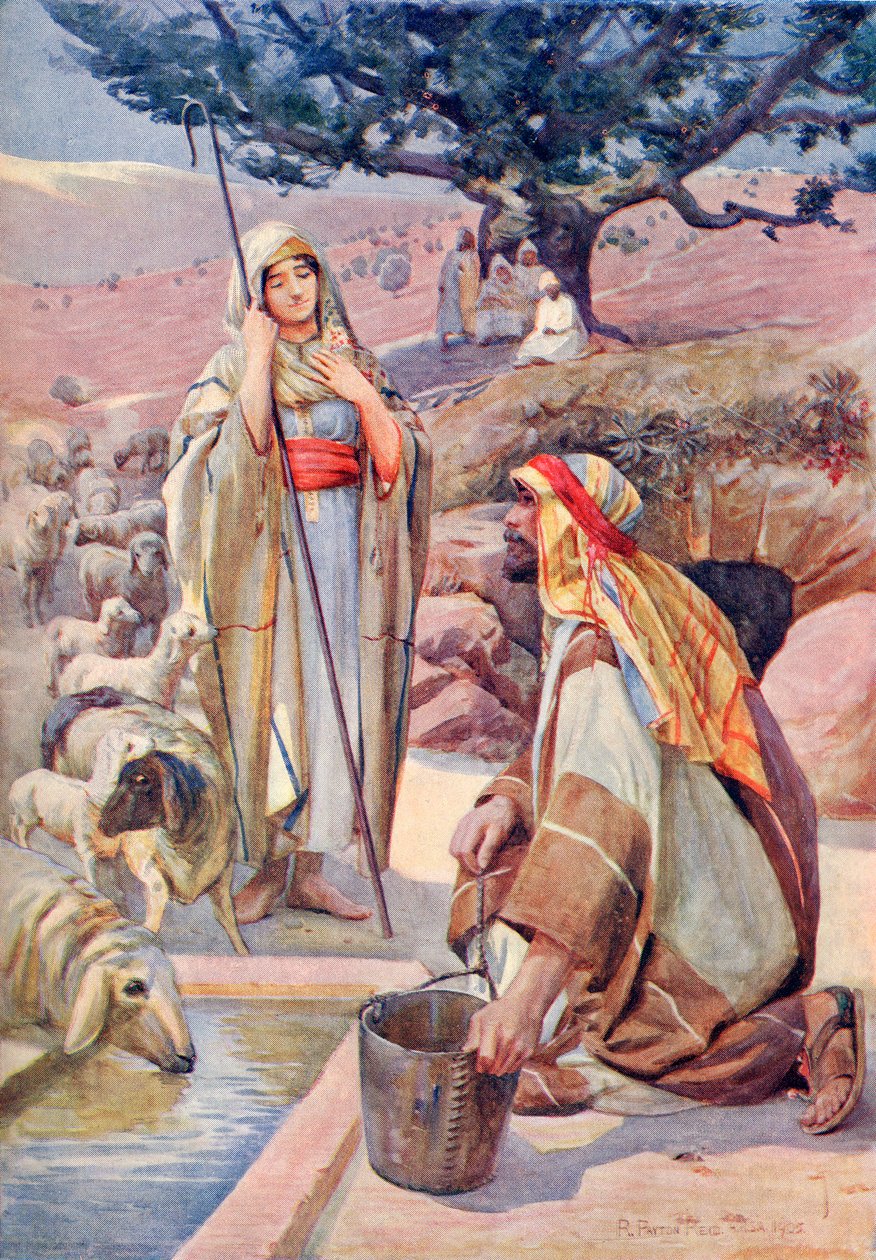 Rebeka u studny, z knihy "A Book of Modern Palestine" od Richarda Penlakea, vydáno kolem roku 1910 (tisk) od English School