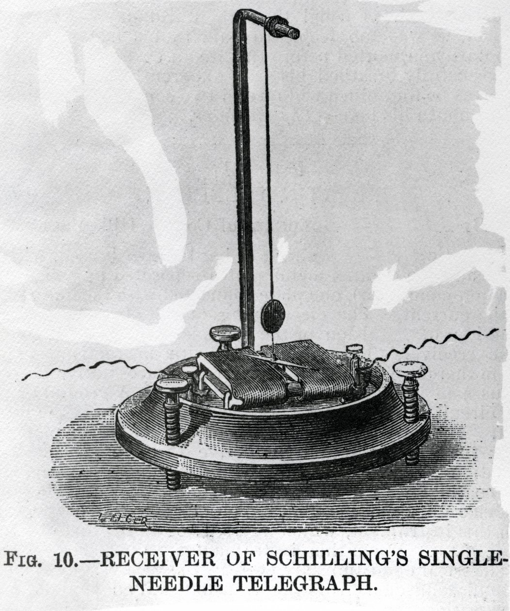 Přijímač Schillingova jednojehlového telegrafu (rytina) od English School