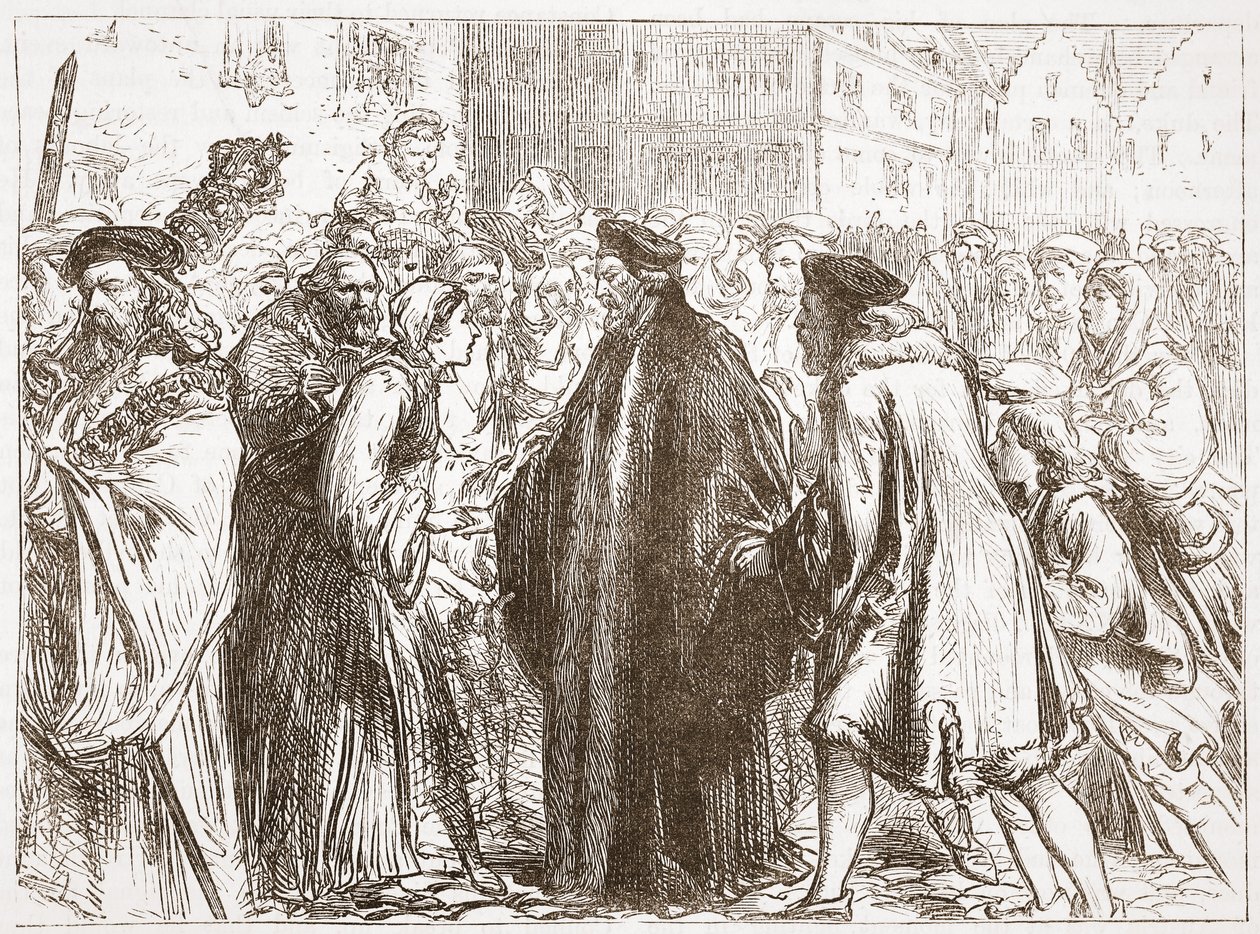 Recepce Jana Husa v Norimberku, ilustrace z Dějin protestantismu od Jamese Aitkena Wylie (1808-1890), hospoda. 1878 od English School