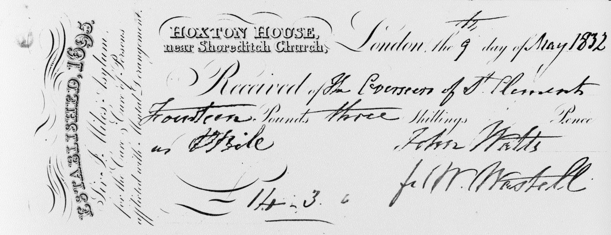 Potvrzení o platbě přijaté azylem sira Jonathana Milese v Hoxton House, 1832 (inkoust na tištěném papíře) od English School