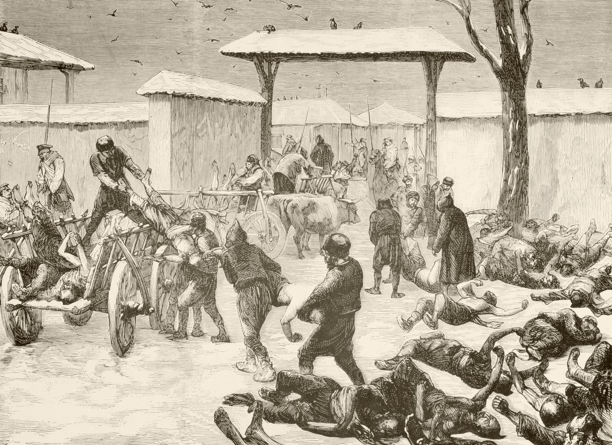 Obnova mrtvých po obléhání Plevny v Bulharsku v roce 1877 (litho) od English School