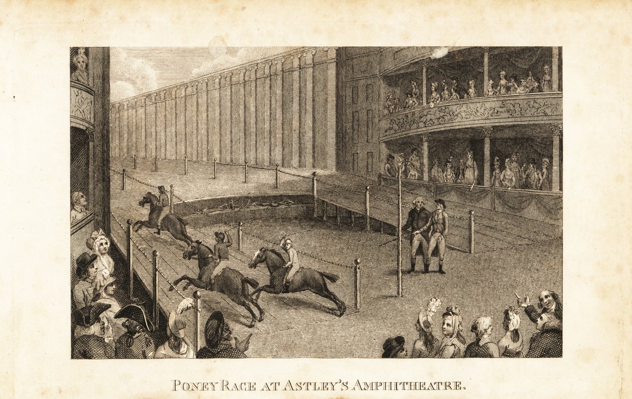 Publikum Regency v divadelních boxech a stáncích sleduje koňské dostihy v Astleyho amfiteátru od English School