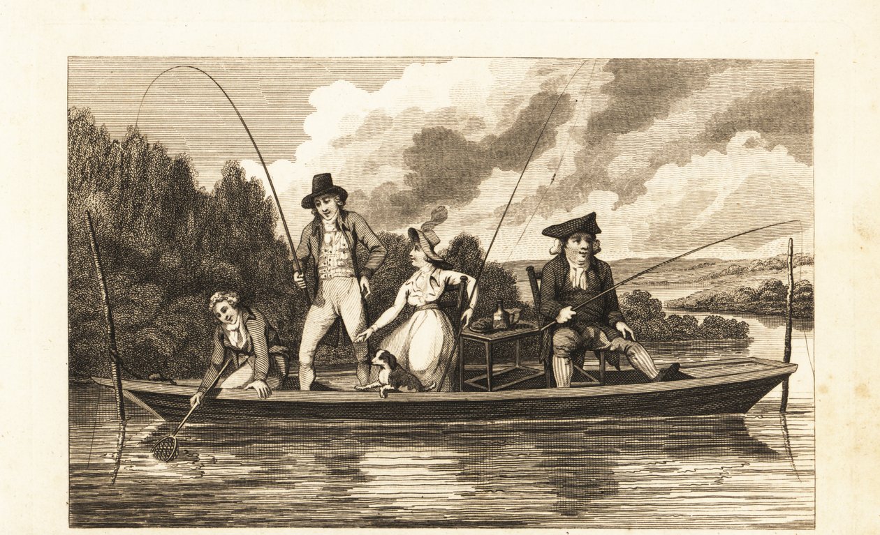 Regency pánové a dáma rybaří na pramici v řece Temži od English School