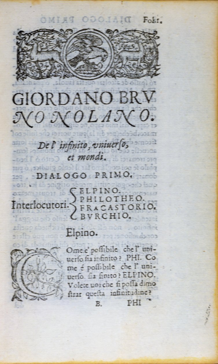 Res 28610 První strana De lInfinito Universo et Mondi od Giordana Bruna, vydaná v Londýně, 1584 (tištěný papír) od English School