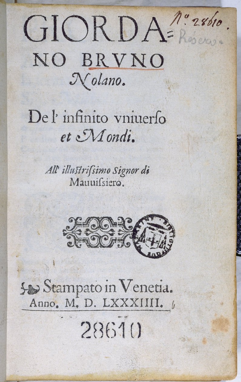 Res 28610 Titulní strana De lInfinito Universo et Mondi od Giordana Bruna, vydaná v Londýně, 1584 (tištěný papír) od English School