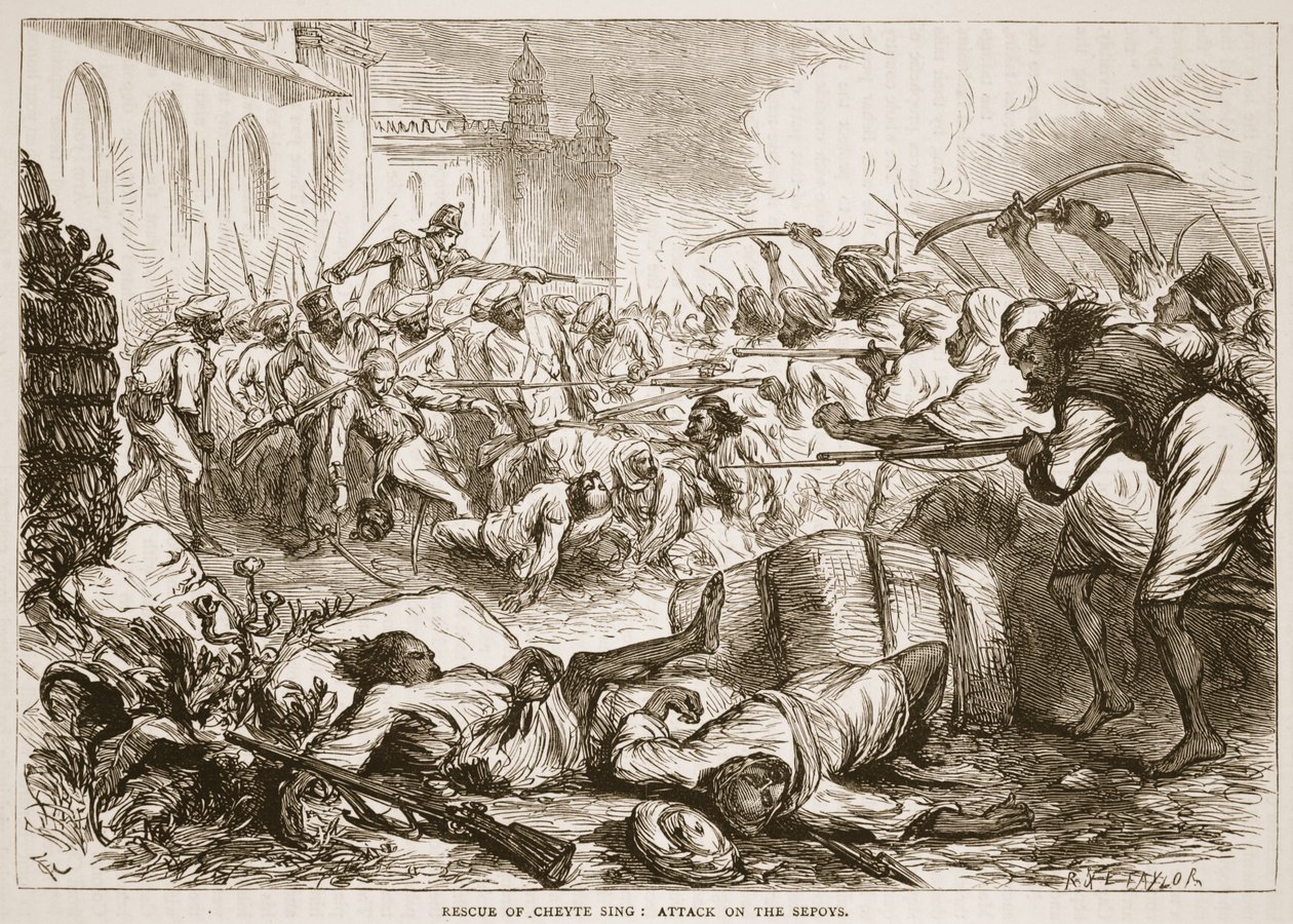 Rescue of Cheyte Sing: attack on the sepoys, ilustrace z Cassells Illustrated History of India od Jamese Granta, hospoda. 1879 od English School