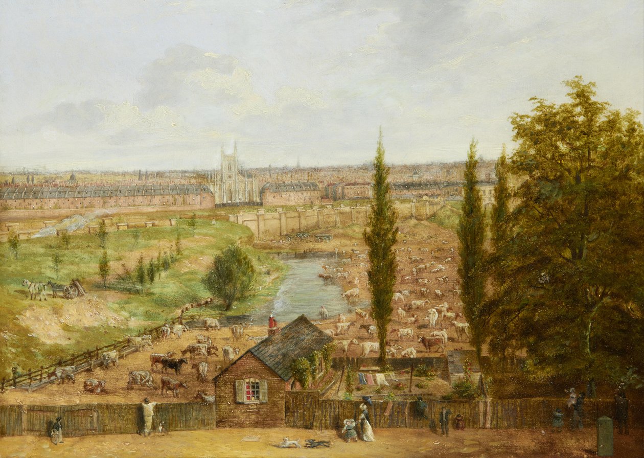 Rhobess Farm v roce 1844 (nyní Ampthill Square v Camdenu, Londýn); nese nápis „Vše, co zbylo v roce 1844 z kdysi slavné Rhobess Farm Hampstead Road nyní Ampthill Square“ (na štítku na zadní straně); olej na panelu; Rozměr 33 x 45,5 cm od English School