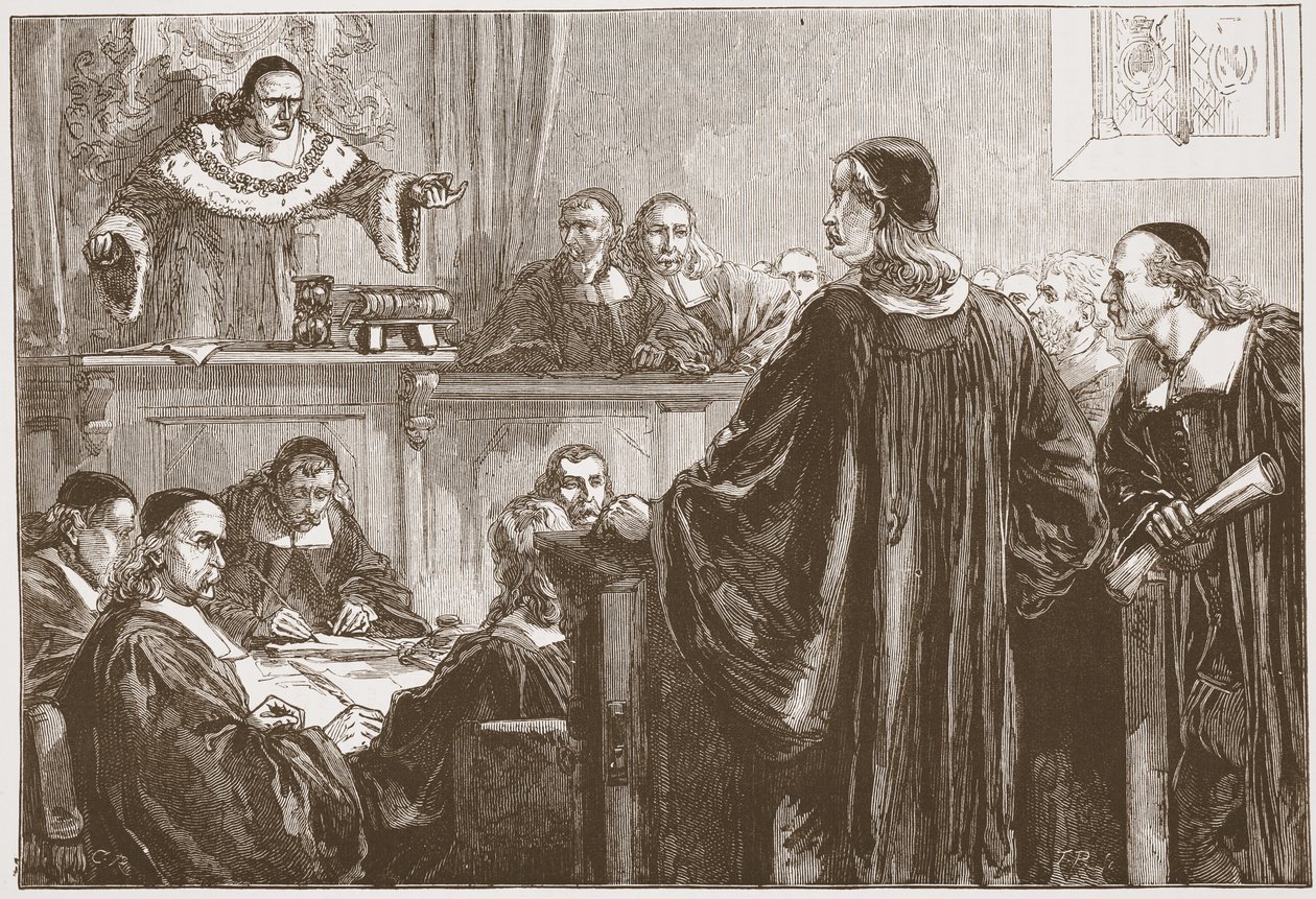 Richard Baxter před soudcem Jeffreysem, ilustrace z Historie protestantismu od Jamese Aitkena Wylie (1808-1890), hospoda. 1878 od English School