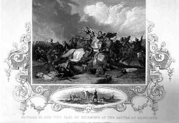 Richard III a hrabě z Richmondu v bitvě u Bosworthu (rytina) od English School