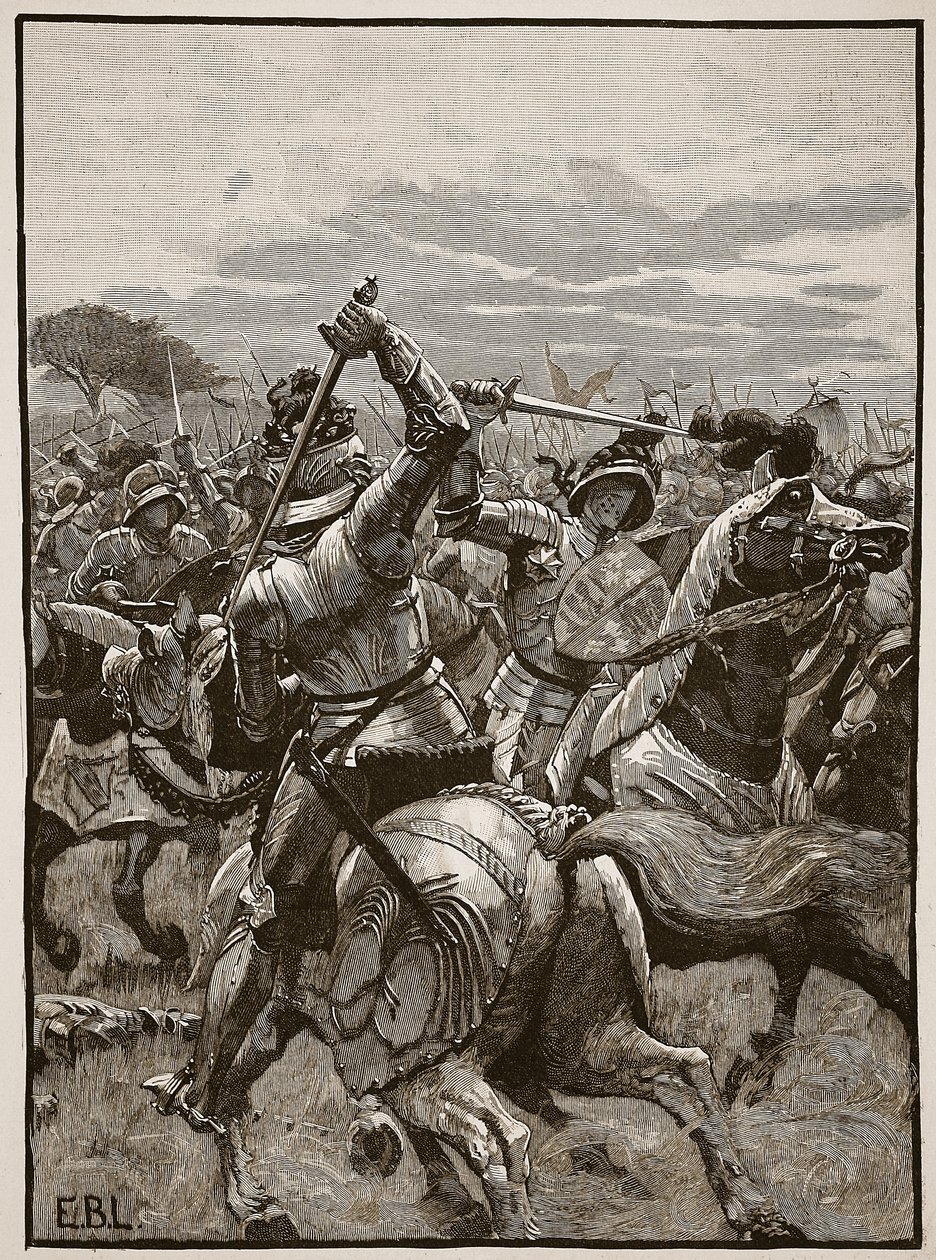 Richard III. v bitvě u Bosworthu, ilustrace z Cassells Illustrated History of England (sépiová fotografie) od English School