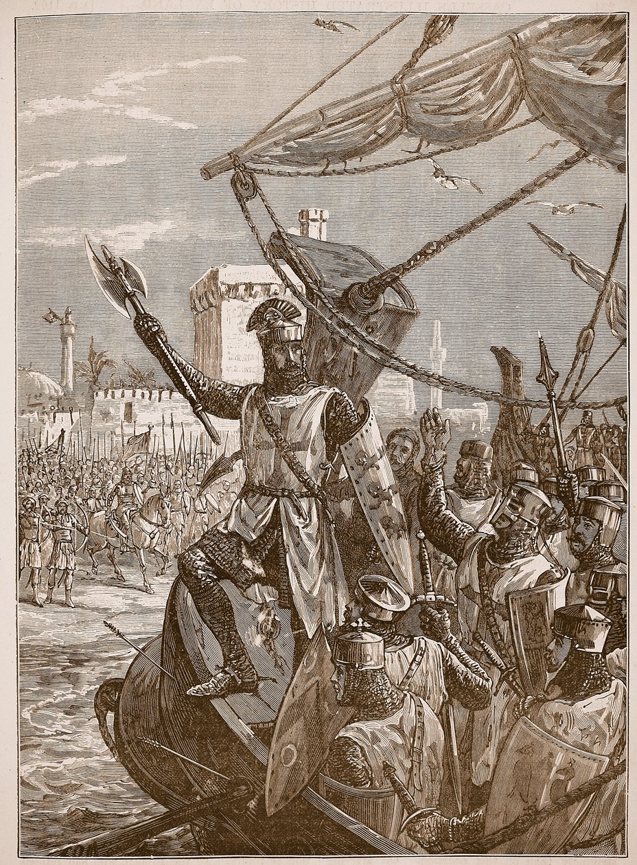 Richardovo vylodění u Jaffy, ilustrace z Cassells Illustrated History of England (sépiová fotografie) od English School
