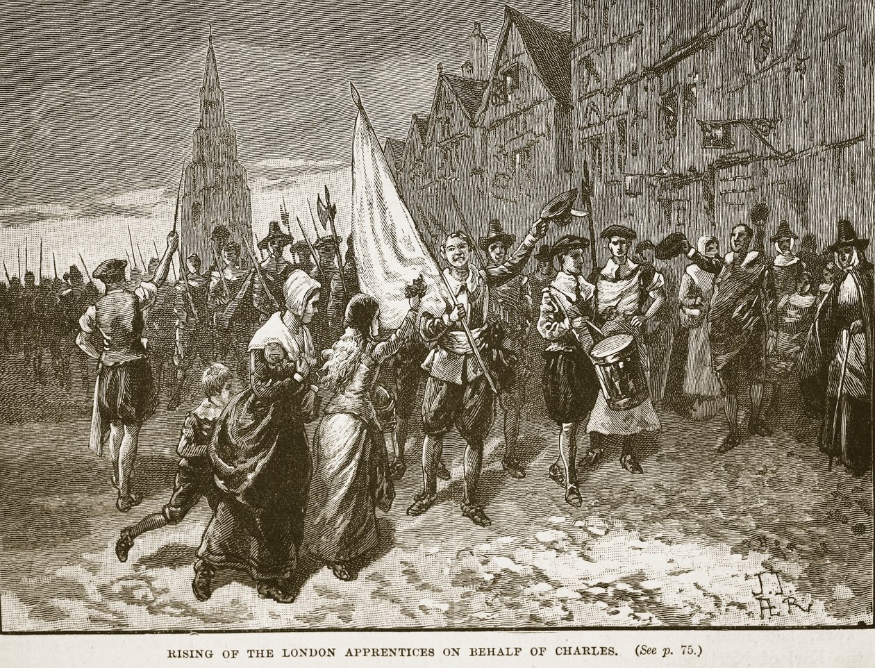 Povstání londýnských učňů jménem Karla, ilustrace z Cassells Illustrated History of England (sépiová fotografie) od English School