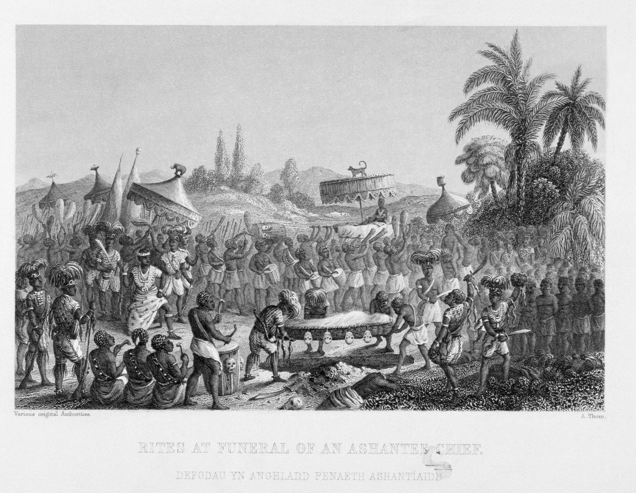 Rites at Funeral of an Ashantee Chief, vyryl A. Thorn, z World Religion, vydal A. Fullarton & Co. od English School