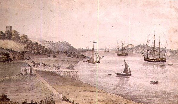 Říční krajina s lodní dopravou a Dover Coach, cca 1800 (pero a mytí) (pár 72977) od English School