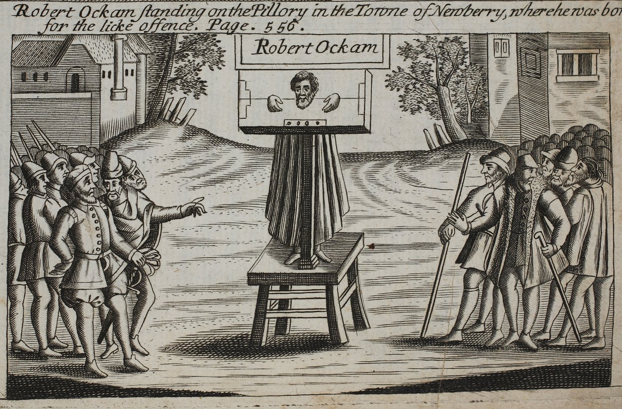 Robert Ockam stojící na pranýři ve městě Newberry, kde se narodil, ilustrace z Acts and Monuments od Johna Foxe, deváté vydání, hospoda. 1684 od English School