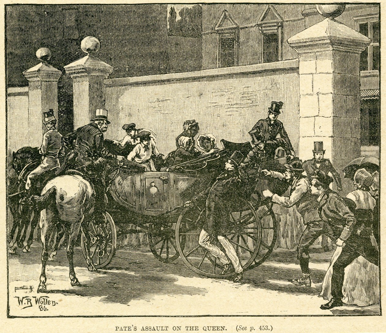 Robert Pates Striking the Queen mimo Cambridge House, ilustrace převzata z The Life and Times of Queen Victoria, Vol. II od Roberta Wilsona, 1888 od English School