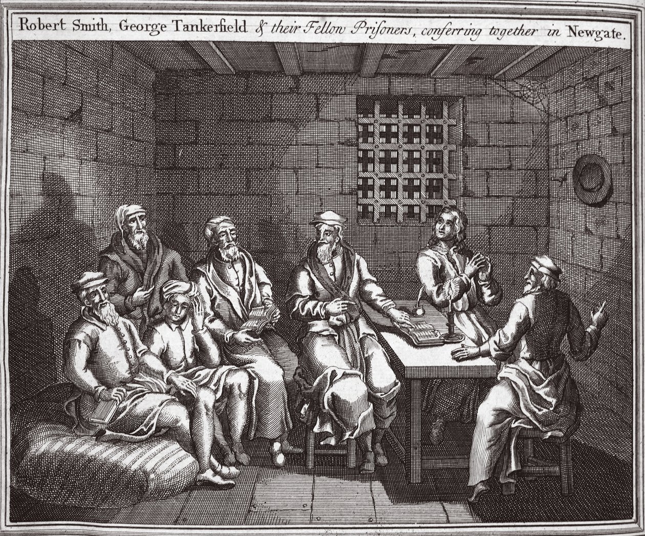 Robert Smith, George Tankerfield a jejich spoluvězni spolu hovoří v Newgate, ilustrace z Foxes Martyrs kolem roku 1703 od English School