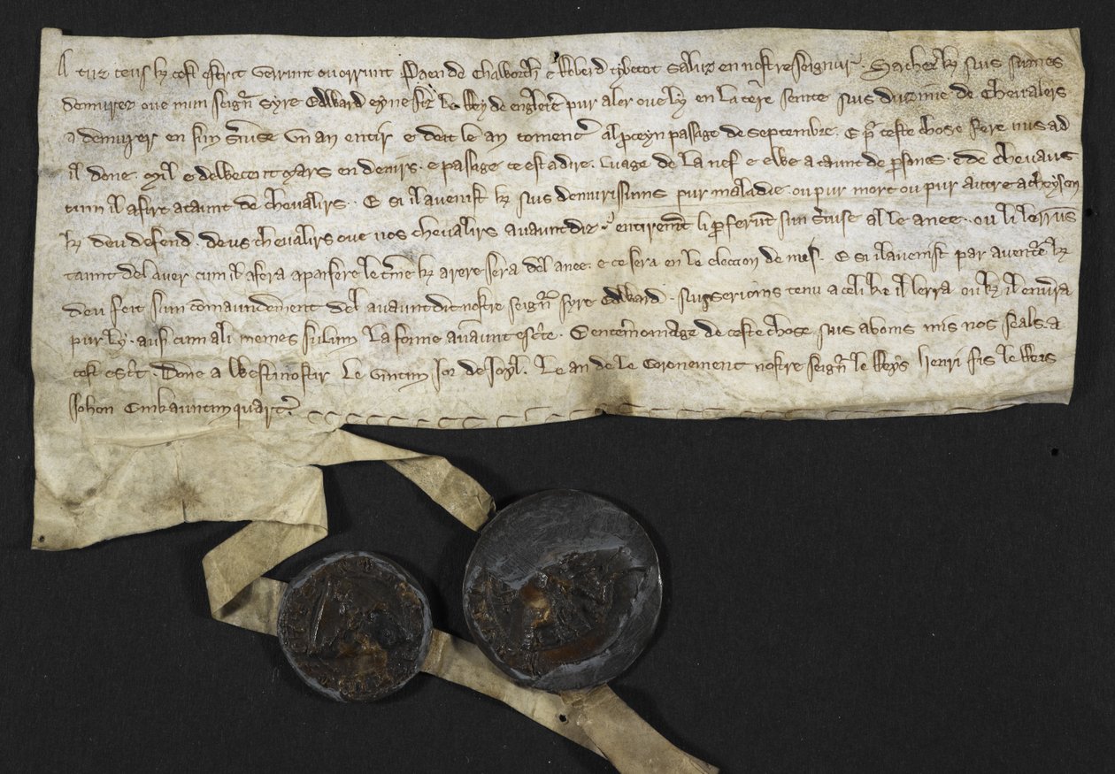 Robert Tybetot: Závazek sloužit ve Svaté zemi: 1270. Paen de Chaworth: Závazek sloužit ve Svaté zemi: 1270 (inkoust na pergamenu) od English School