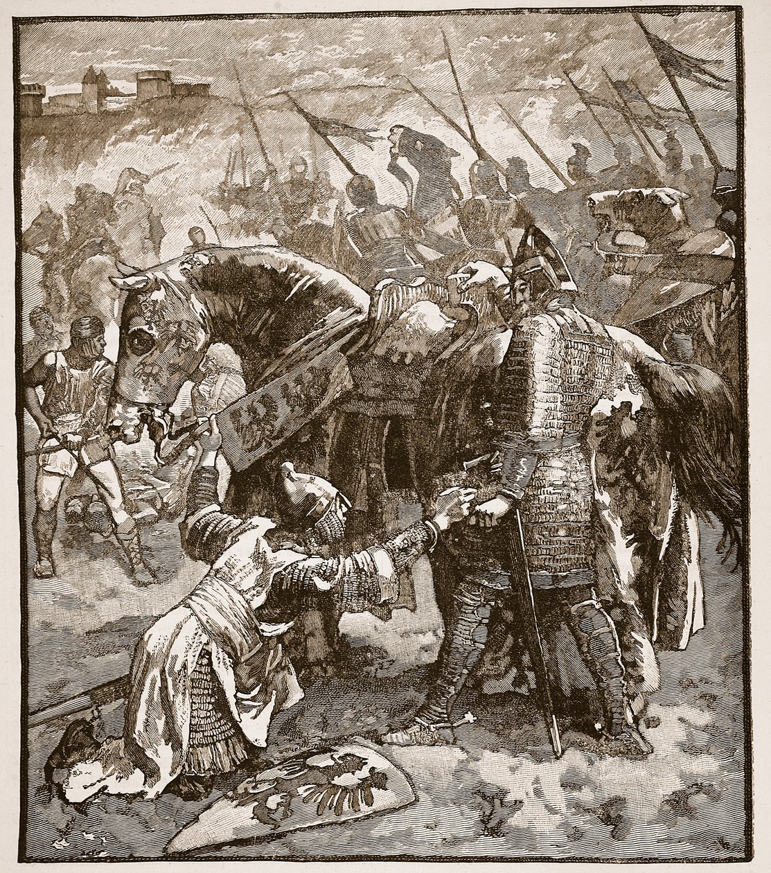 Robert žádá otce o milost, ilustrace z Cassells Illustrated History of England (sépiová fotografie) od English School