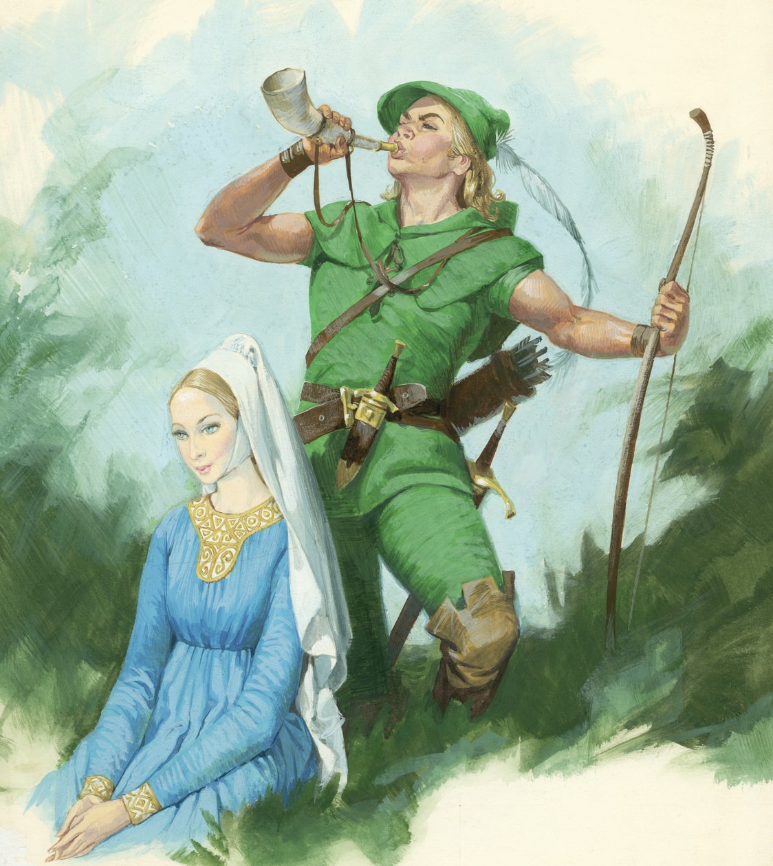 Robin Hood troubí na roh (kvaš na papíře) od English School
