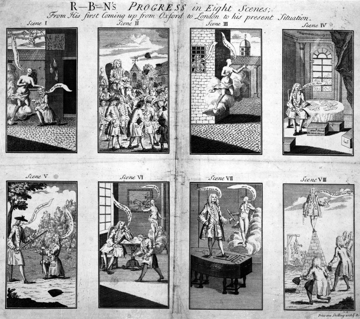 Robins Progress v osmi scénách, od jeho prvního příchodu z Oxfordu do Londýna po jeho současnou situaci, 1733 od English School