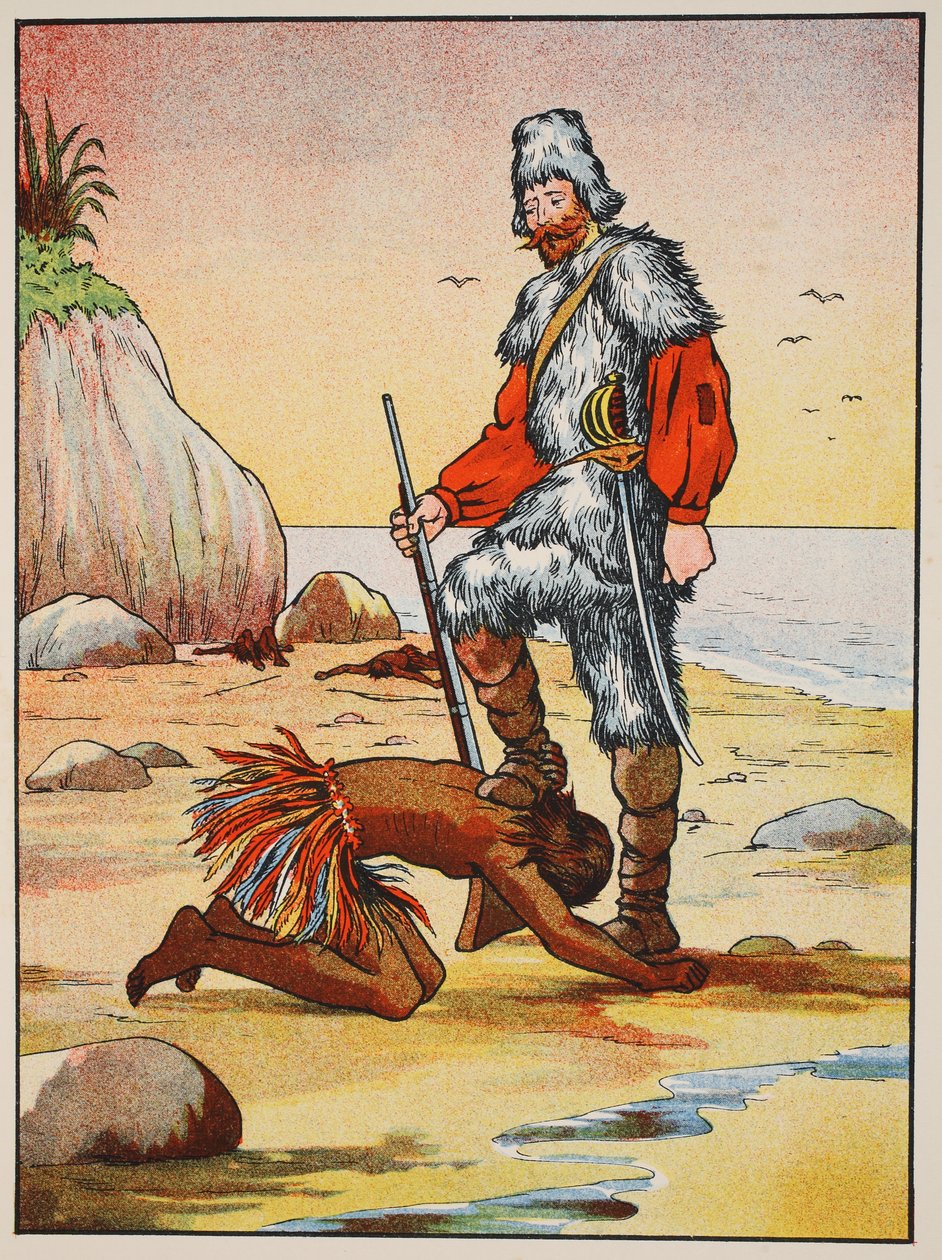 Robinson Crusoe a Friday, ilustrace z Příběhu Robinsona Crusoe: Adaptace pro děti v jazyce Defoes, hospoda. od Griffith Farran Browne & Co. Limited, Londýn od English School