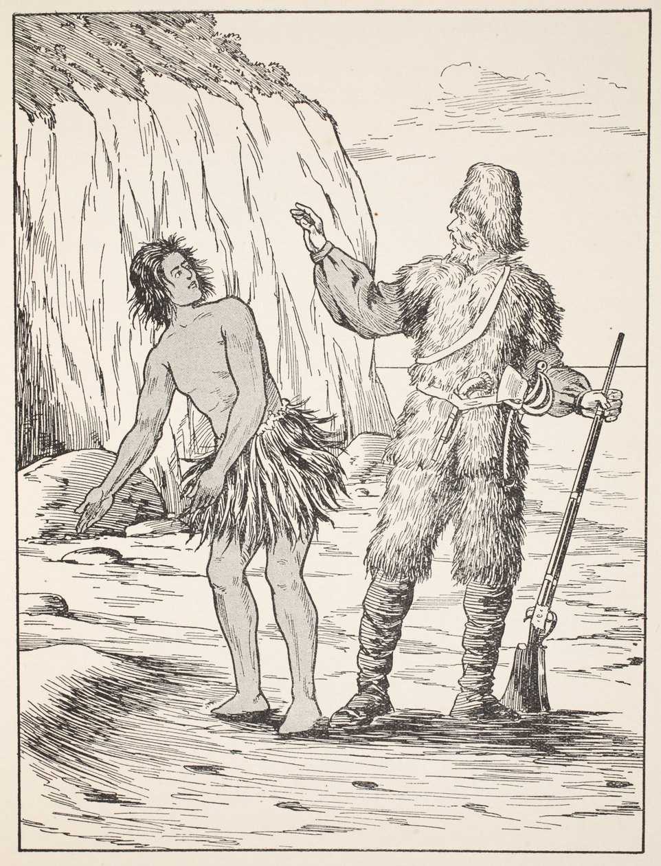 Robinson Crusoe a Friday, ilustrace z Příběhu Robinsona Crusoe: Adaptace pro děti v jazyce Defoes, hospoda. od Griffith Farran Browne & Co. Limited, Londýn od English School
