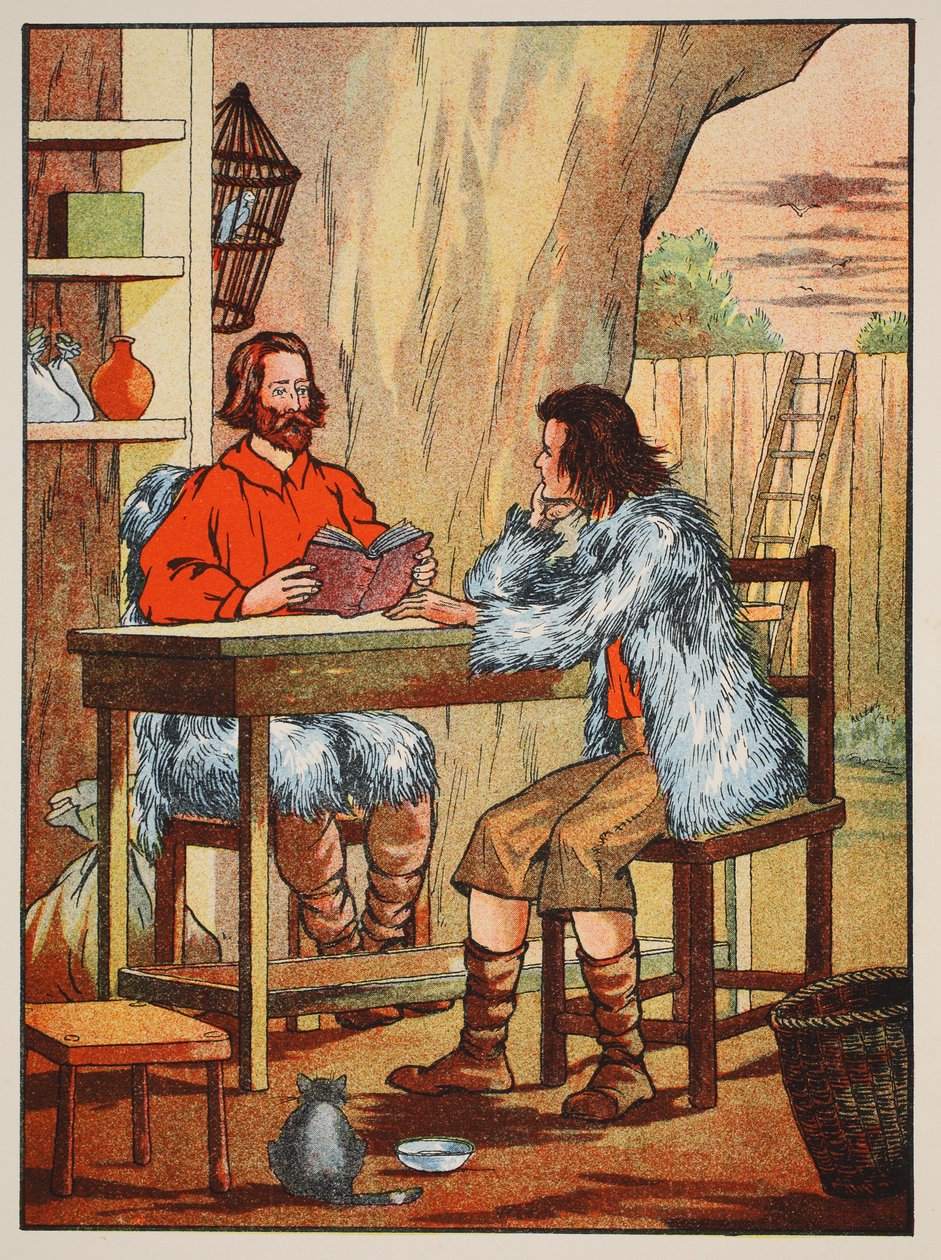 Robinson Crusoe a Friday, ilustrace z Příběhu Robinsona Crusoe: Adaptace pro děti v jazyce Defoes, hospoda. od Griffith Farran Browne & Co. Limited, Londýn od English School