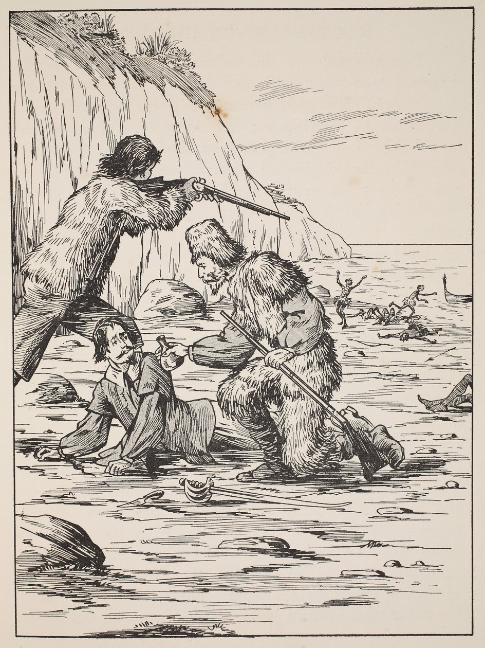Robinson Crusoe a Pátek zachraňující Španěla, ilustrace z Příběhu Robinsona Crusoe: Adaptace pro děti v jazyce Defoes, hospoda. od Griffith Farran Browne & Co. Limited, Lo od English School