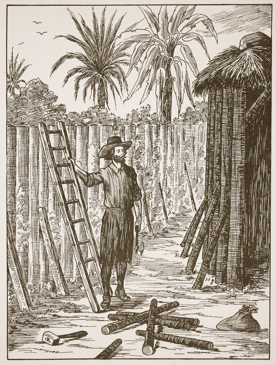 Robinson Crusoe staví svůj altán, ilustrace z Příběhu Robinsona Crusoe: Adaptace pro děti v jazyce Defoes, hospoda. od Griffith Farran Browne & Co. Limited, Londýn od English School