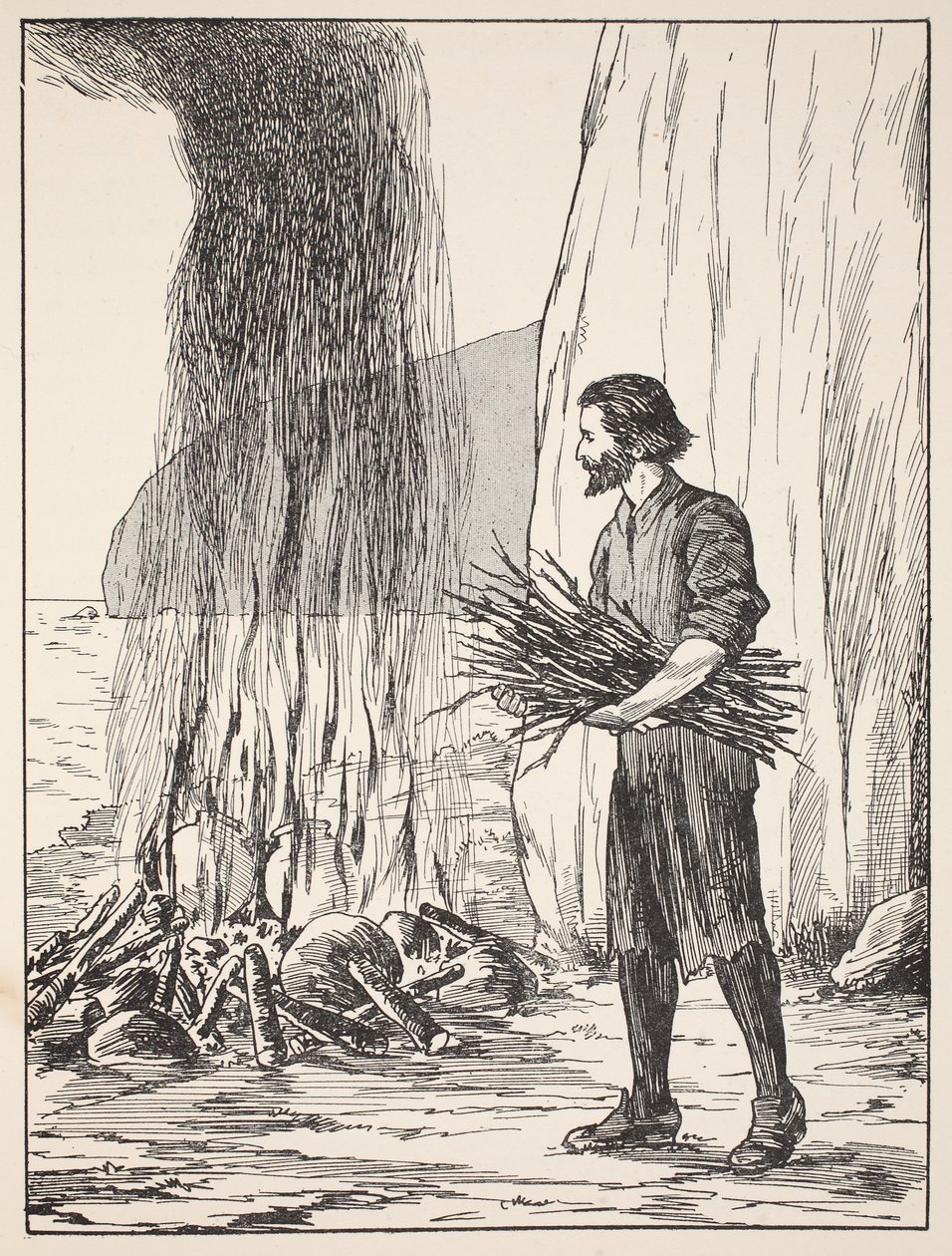 Vaření Robinsona Crusoe, ilustrace z Příběhu Robinsona Crusoe: Adaptace pro děti v jazyce Defoes, hospoda. od Griffith Farran Browne & Co. Limited, Londýn od English School