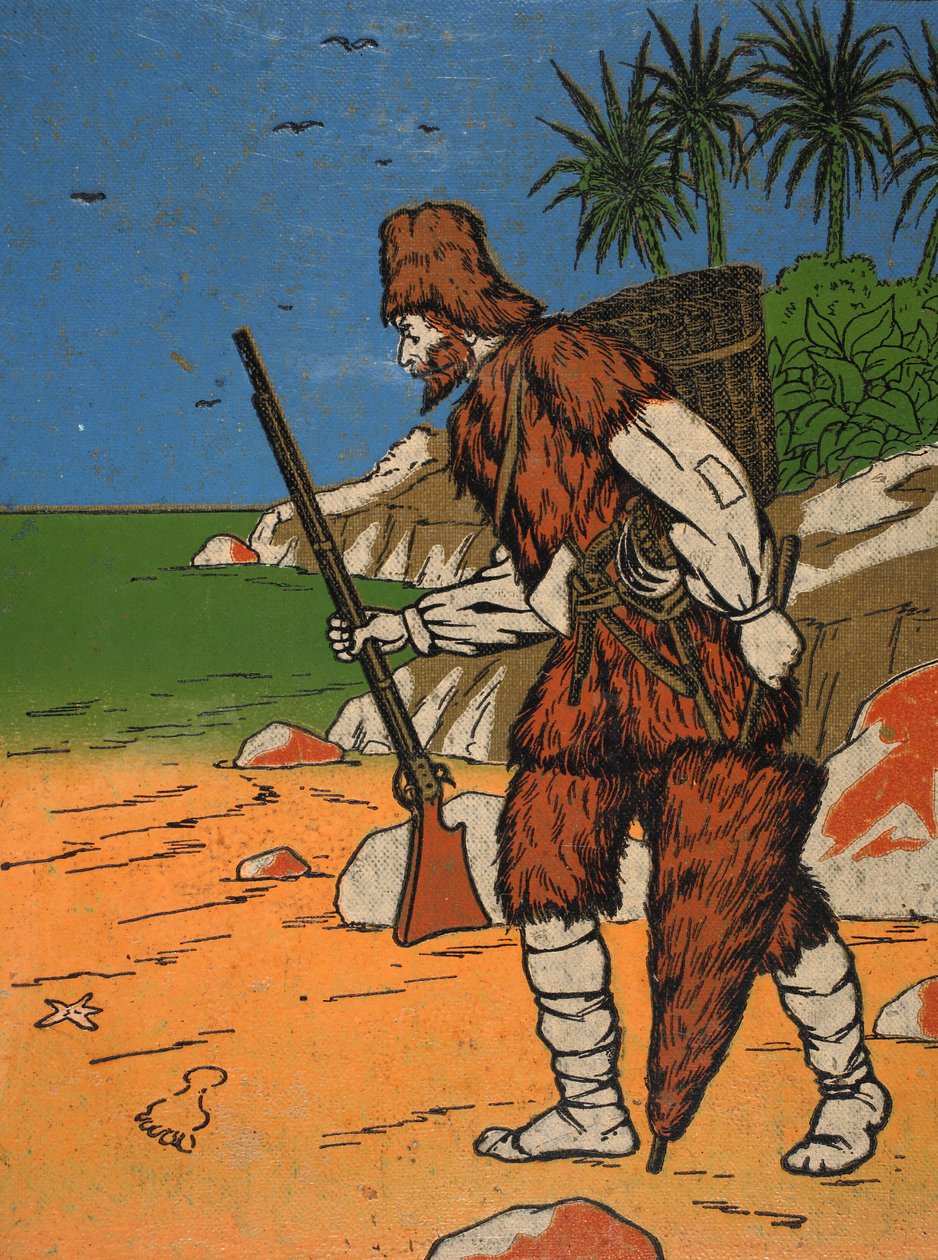 Robinson Crusoe, ilustrace z Příběhu Robinsona Crusoe: Adaptace pro děti v jazyce Defoes, hospoda. od Griffith Farran Browne & Co. Limited, Londýn od English School