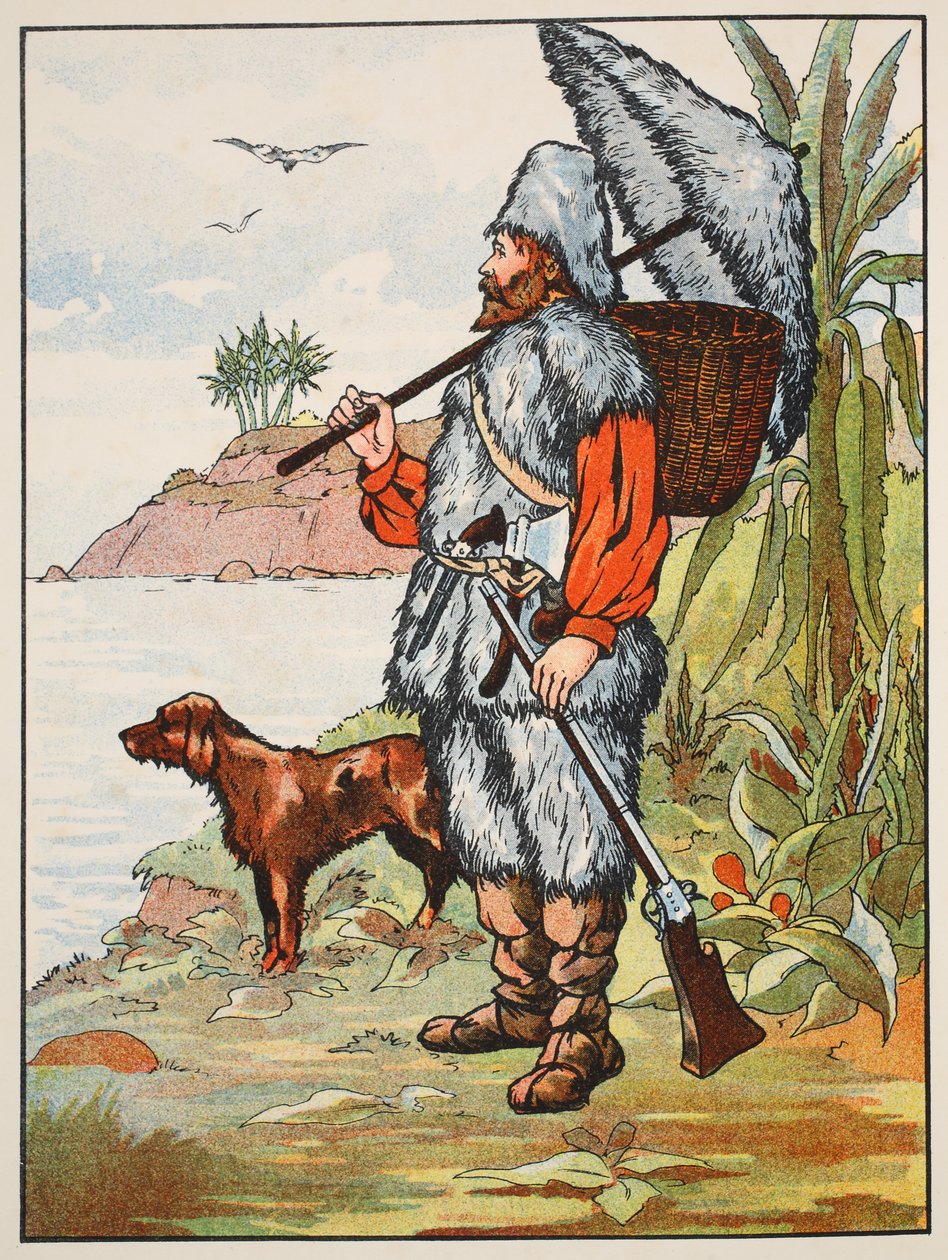 Robinson Crusoe, ilustrace z Příběhu Robinsona Crusoe: Adaptace pro děti v jazyce Defoes, hospoda. od Griffith Farran Browne & Co. Limited, Londýn od English School