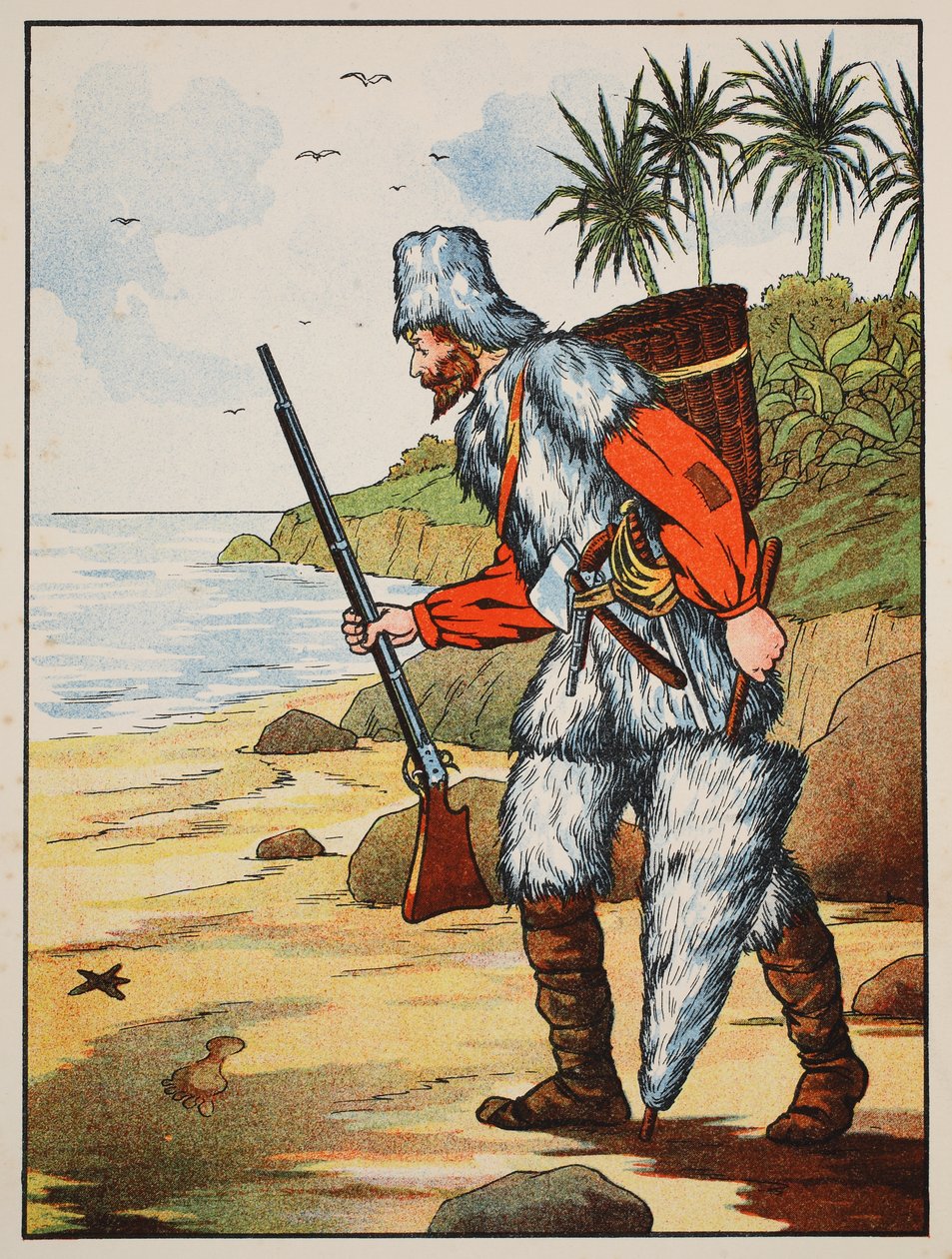 Robinson Crusoe, ilustrace z Příběhu Robinsona Crusoe: Adaptace pro děti v jazyce Defoes, hospoda. od Griffith Farran Browne & Co. Limited, Londýn od English School