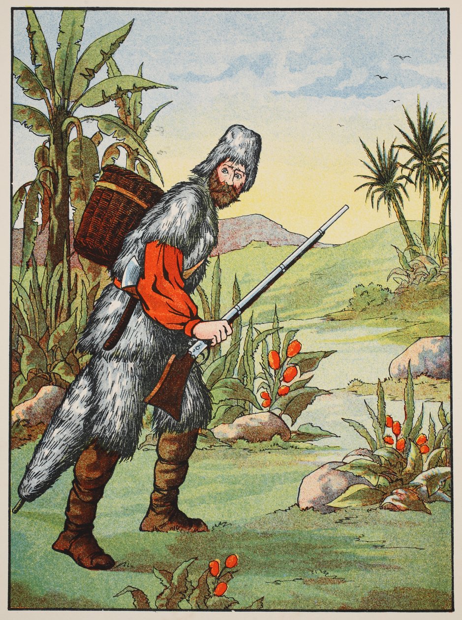 Robinson Crusoe, ilustrace z Příběhu Robinsona Crusoe: Adaptace pro děti v jazyce Defoes, hospoda. od Griffith Farran Browne & Co. Limited, Londýn od English School