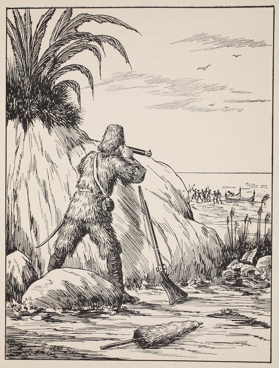 Robinson Crusoe, ilustrace z Příběhu Robinsona Crusoe: Adaptace pro děti v jazyce Defoes, hospoda. od Griffith Farran Browne & Co. Limited, Londýn od English School