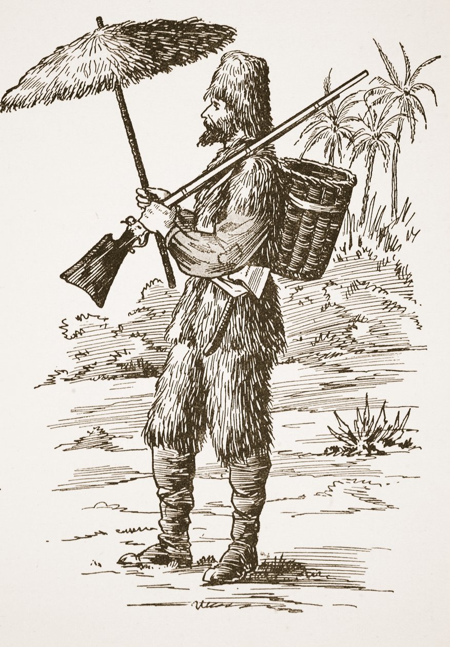 Robinson Crusoe, ilustrace z Příběhu Robinsona Crusoe: Adaptace pro děti v jazyce Defoes, hospoda. od Griffith Farran Browne & Co. Limited, Londýn od English School