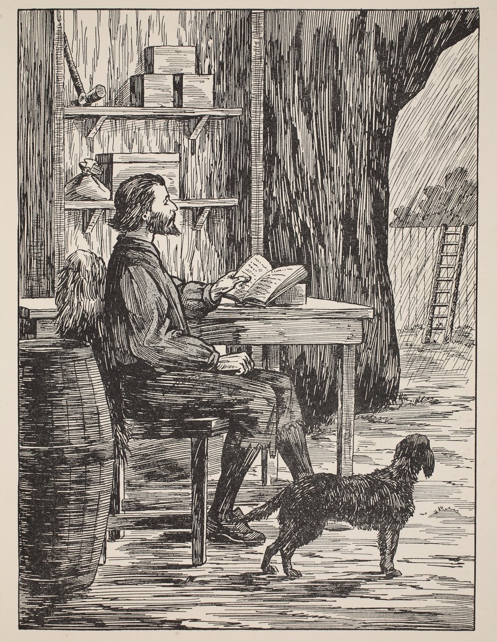 Robinson Crusoe ve své jeskyni, ilustrace z Příběhu Robinsona Crusoe: Adaptace pro děti v jazyce Defoes, hospoda. od Griffith Farran Browne & Co. Limited, Londýn od English School