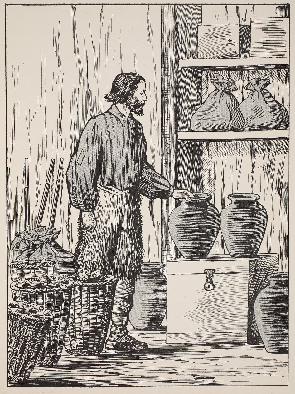 Robinson Crusoe ve svém skladišti, ilustrace z Příběhu Robinsona Crusoe: Adaptace pro děti v jazyce Defoes, hospoda. od Griffith Farran Browne & Co. Limited, Londýn od English School