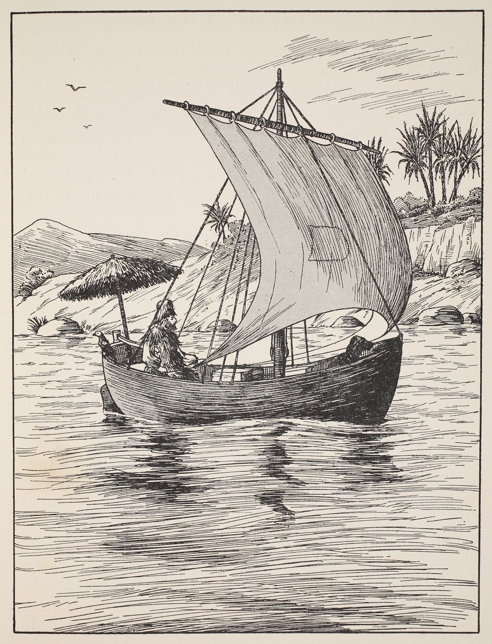 Robinson Crusoe na své lodi, ilustrace z Příběhu Robinsona Crusoe: Adaptace pro děti v jazyce Defoes, hospoda. od Griffith Farran Browne & Co. Limited, Londýn od English School