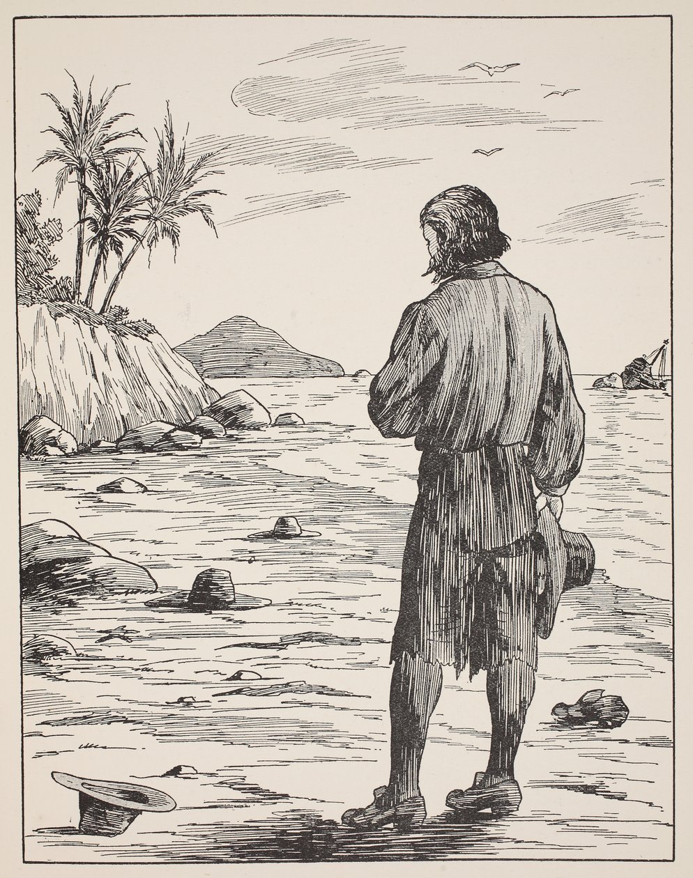 Robinson Crusoe na svém ostrově, ilustrace z Příběhu Robinsona Crusoe: Adaptace pro děti v jazyce Defoes, hospoda. od Griffith Farran Browne & Co. Limited, Londýn od English School