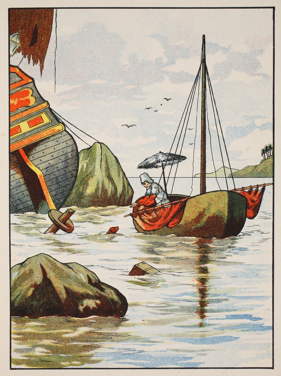 Robinson Crusoe zachraňující psa ze španělského ztroskotání, ilustrace z Příběhu Robinsona Crusoe: Adaptace pro děti v jazyce Defoes, hospoda. od Griffith Farran Browne & Co. Limi od English School