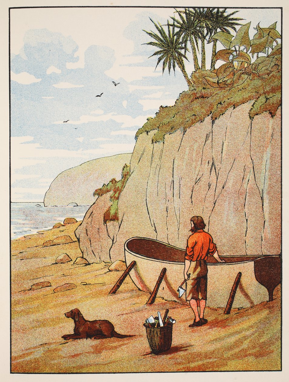 Kánoe Robinson Crusoes, ilustrace z Příběhu Robinsona Crusoe: Adaptace pro děti v jazyce Defoes, hospoda. od Griffith Farran Browne & Co. Limited, Londýn od English School