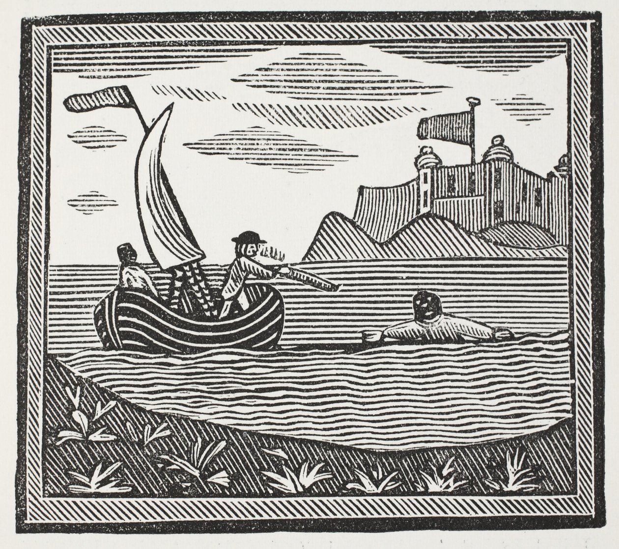 Robinson a Xury na útěku z vřesovišť, ilustrace z Chap-books of the Eighteenth Century od Johna Ashtona, hospoda. 1882 od English School