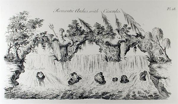 Romantické oblouky s kaskádami, z „Grotesque Architecture or Rural Amusement“, od Williama Wrighta, publikované kolem roku 1767-90 (rytina) (černobílá fotografie) od English School
